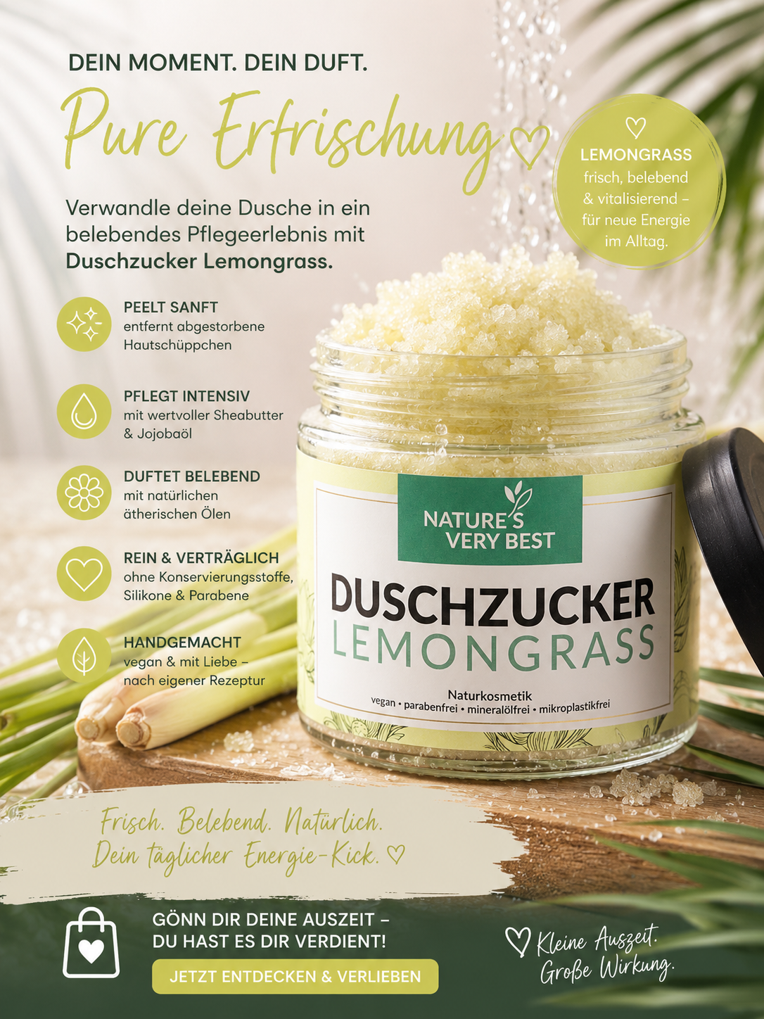 Duschzucker, Peeling, sanfte Haut, Duschzukcer und Peeling in einem, Körperpeeling, Sugar scrub, Zuckerpeeling, Duschpeeling, Veganes Körperpeeling, handgemacht Nature's Very Best