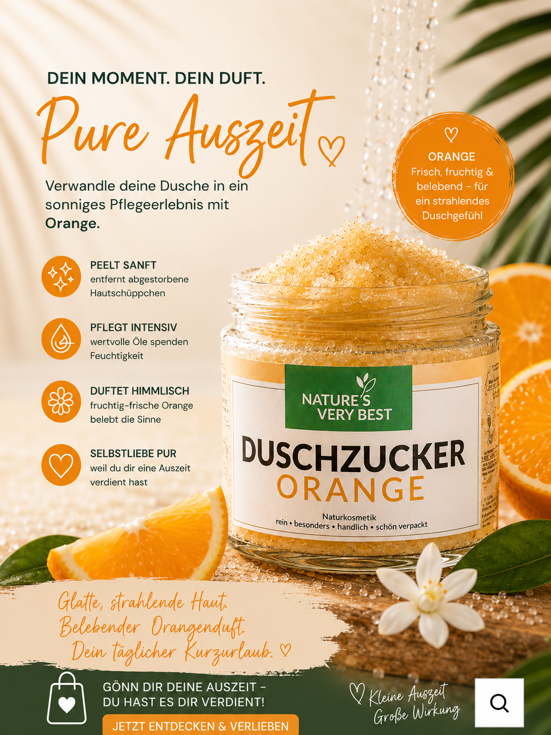 Zuckerpeeling, Körperpeeling, sanftes Peeling, glatte Haut, zarte Haut, Duschzucker, Peeling und Pflege in einem Nature's Very Best