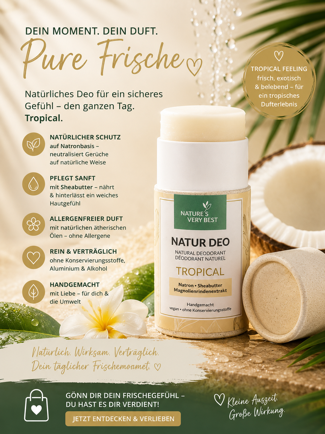 Naturdeo, Alluminiumfreies Deo, Vegan Deo, Deo mit Natron, Schwitzen, Transparieren, festes Deo, Nachhaltiges Deodorant, Cremdeo Stick, Nature's Very Best