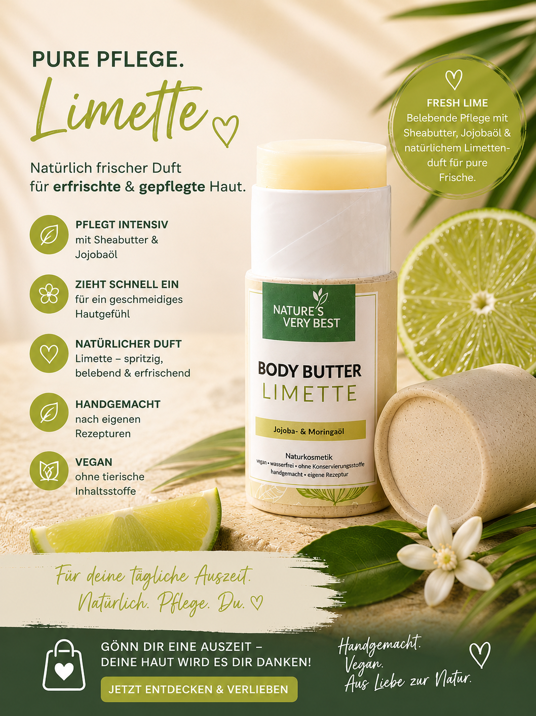 Creme und Pflege in einem, intensiviert jedes Tattoo,  Naturkosmetik, wasserfreie Körperpflege, ohne Chemie, Vegane Bodybutter, Bodybutter mit Sheabutter Nature's Very Best