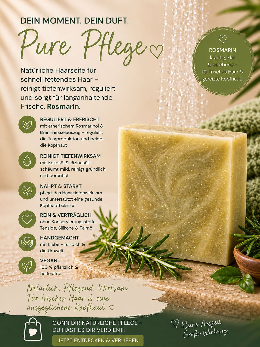 100% vegan
100 % ohne Tierversuche
Zero-waste: plastikfreie Papierfaltschachtel
100% ohne Mineralöl, Parabene, Sulfate, Alkohol, Silikone oder künstliche Duftstoffe
mit Liebe in Deutschland handgemacht
klimaneutraler Versand mit DHL Nature's Very Best